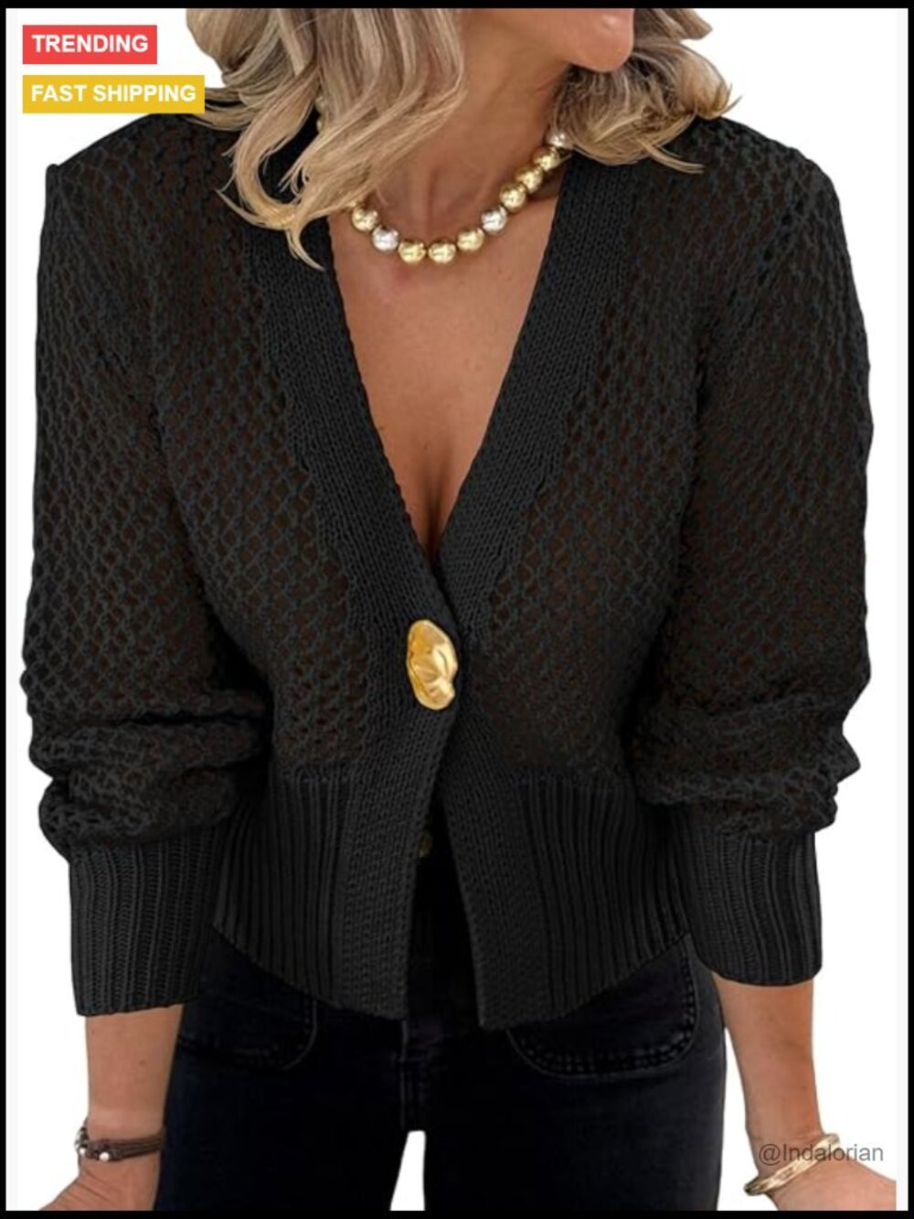 Cropped Crochet Cardigan Hollow Out Button Down Lantern Sleeve Loose Fit Cover